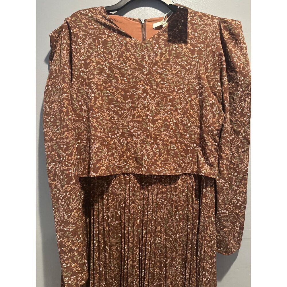 Women's Size L Brown Floral Pleated Ruffle Midi Dress NWT Cottagecore VTG Boho - Picture 3 of 8